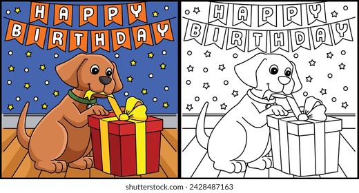 Happy Birthday Dog with a Present Illustration