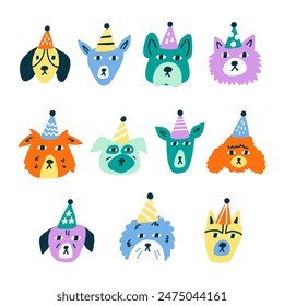 Happy Birthday Dogs Faces Collection. Vector Set Cute Character Animals Puppys