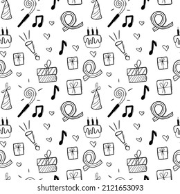 Happy birthday doodle black elements seamless pattern with birthday cake and garlands.