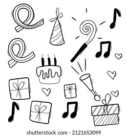 Happy birthday doodle black elements set with birthday cake and garlands.