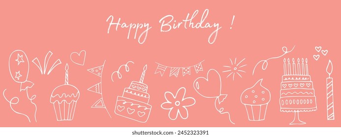 Happy birthday doodle doodles for frame print design. Banner background. Symbol, icon, creative. Holiday card. Line drawing. Greeting card.