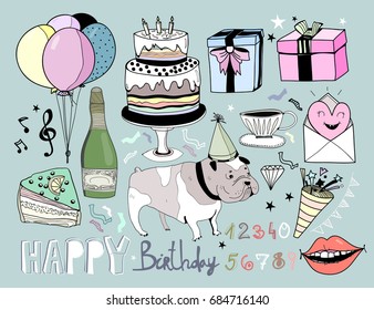 Happy birthday doodle elements. Colored graphic vector set. All elements are isolated