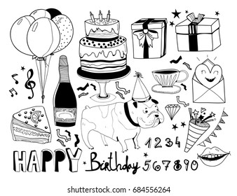 Happy birthday doodle elements. Graphic vector set. All elements are isolated