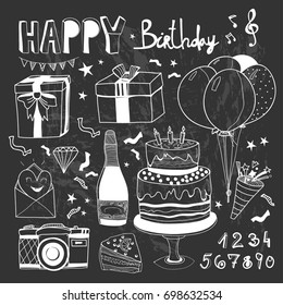 Happy birthday doodle elements. Graphic vector set. Chalkboard style. All elements are isolated