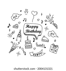 Happy Birthday doodle elements isolated on white background. Vector illustration