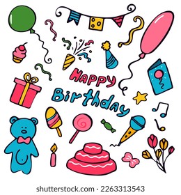 Happy Birthday doodle elements isolated on white background.