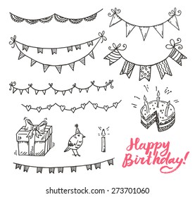 Happy birthday doodle elements set.