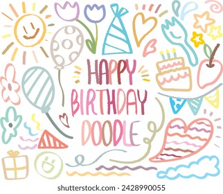 Happy Birthday doodle, hand drawn with crayon. Party Event Anniversary Celebrate Ornaments background pattern Vector illustration. Colorful out-line draw with birthday party. Cack, Gift, Balloon, Sun,