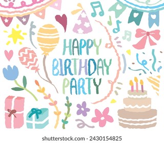 Happy Birthday doodle, hand drawn with crayon. Party Event Anniversary Celebrate Ornaments background pattern Vector illustration. Colorful draw with birthday party. Cake, Gift, Balloon, party popper