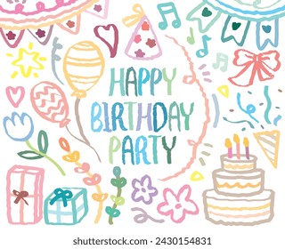 Happy Birthday doodle, hand drawn with crayon. Party Event Anniversary Celebrate Ornaments background pattern Vector illustration. Colorful layout draw with birthday party. Cake, Gift, Balloon, popper