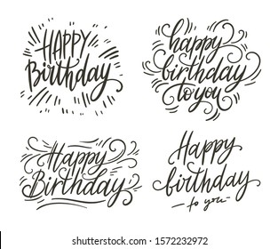 Happy birthday doodle hand lettering set. Romantic background. Greeting card design template. Vector illustration