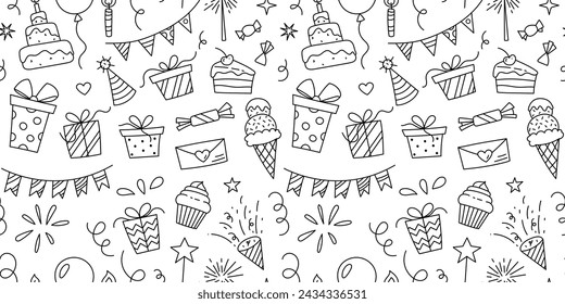 Happy birthday doodle pattern. Festive seamless pattern hand drawn in black and white color.