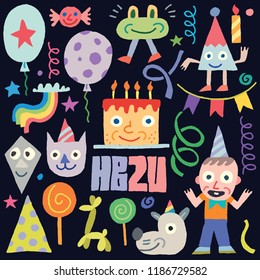 Happy Birthday Doodle Set 1. Vector Illustration Black Background.