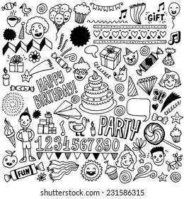 Happy birthday doodle set 1. Hand drawn vector illustration.