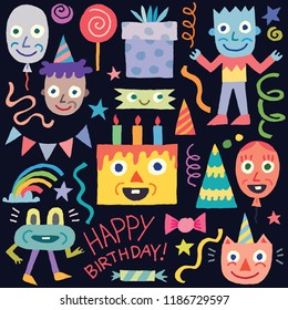 Happy Birthday Doodle Set 2. Vector Illustration Black Background.