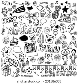 Happy birthday doodle set 2. Hand drawn vector illustration.