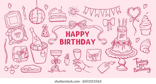Happy birthday doodle set with bento cake, balloon, champagne in bucket, glasses with bows. Festive decorations on pastel background. Vector illustration in Coquette Aesthetic style.