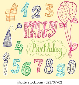 Happy birthday. doodle set of birthday decorations for gift card. colored kit of isolated items. numbers, candle, balloons, gift box, festive cap and lettering