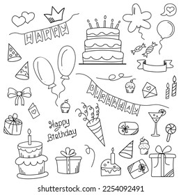 Happy birthday doodle set. Hand drawn elements. Party decoration, balloons, gift box, cake with candles, confetti, party hats, cupcakes, flags with letters, hearts. 