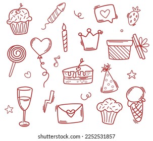 Happy birthday doodle set. Party decoration, gift box, cake, party hats. Perfect ffor printing, greeting cards, gifts and scrapbooking. Hand drawn vector illustration isolated on white background.