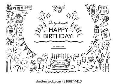 Feliz cumpleaños. Esbozo de decoración de fiesta, caja de regalo, tarta, fiesta. Elementos dibujados a mano. Ilustración del vector