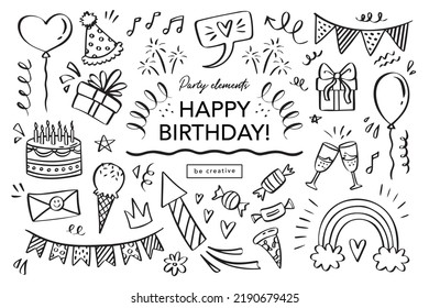 Happy Birthday doodle set. Sketch party decoration, gift box, cake, party. Hand drawn elements. Vector illustration