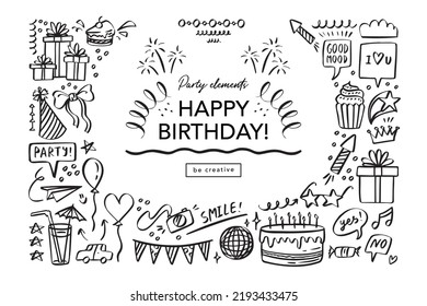 Happy Birthday doodle set. Sketch party decoration, gift box, cake, party. Hand drawn elements. Vector illustration