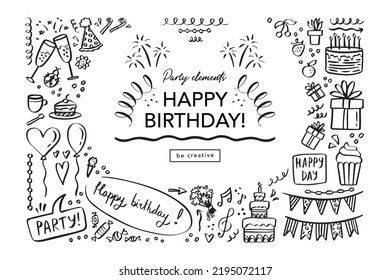 Happy Birthday doodle set. Sketch party decoration, gift box, cake, party. Hand drawn elements. Vector illustration