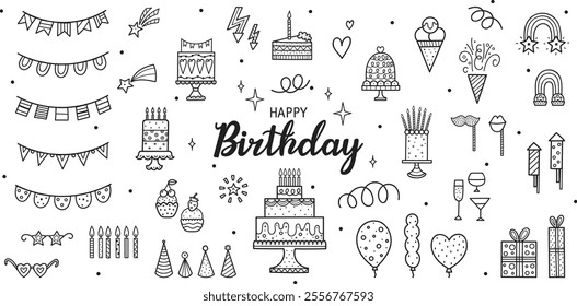Happy Birthday doodle set. Sketch party decoration, gift box, cake, party. Hand drawn elements. Vector line illustration