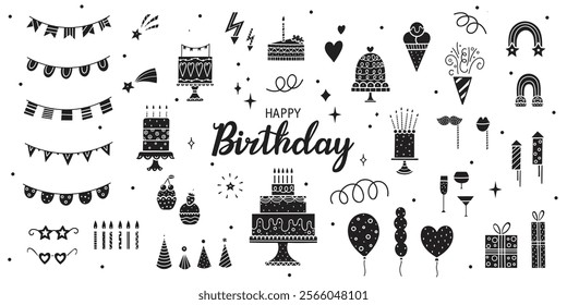 Happy Birthday doodle set. Sketch party decoration, gift box, cake, party. Hand drawn elements. Vector silhouette illustration