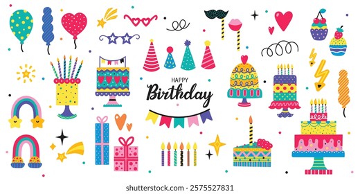 Happy Birthday doodle set. Sketch party decoration, gift box, cake, party. Hand drawn elements. Vector hand drawn illustration