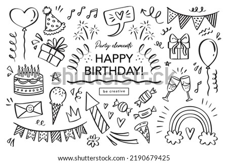 Happy Birthday doodle set. Sketch party decoration, gift box, cake, party. Hand drawn elements. Vector illustration