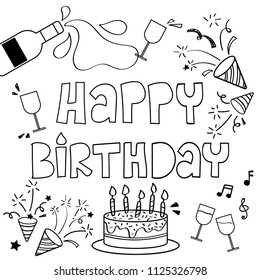 Happy birthday doodle sketch style in party celebration concept with elements