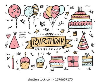 Happy Birthday doodle vector illustration. Colorful cartoon style. Cake, gifts, ballon and many elements. Isolated on white background.