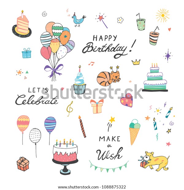 Happy Birthday Doodle Vector Illustrations Set のベクター画像素材 ロイヤリティフリー