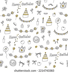 Happy Birthday doodle vector seamless pattern.