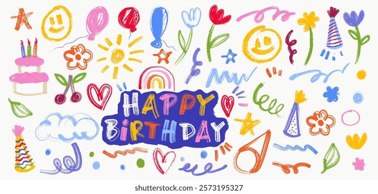 Happy Birthday doodles, card, poster, hand drawn with paint and brush stroke. Happy Birthday elements cake, flags, glasses, gifts, caps, balloons, inscription. Vector brush stroke Happy Birthday.