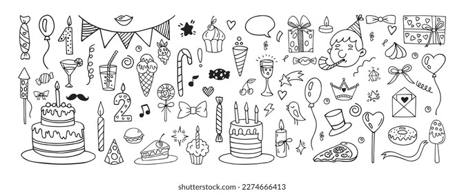 Happy birthday doodles, festive cakes with candles. Sweethand candy, fireworks and confetti, celebration gifts and bows, present boxes, sweet party elements. Vector tidy cute drawing set