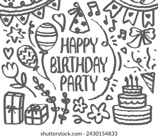 Happy Birthday doodles, hand drawn with crayon. Party Event Anniversary Celebrate Ornaments background pattern Vector illustration. Black outlay draw with birthday party. Cake, Gift, Balloon, Popper