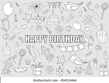 Happy birthday doodles objects, drawing by hand vector