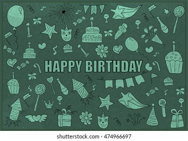 Happy birthday doodles objects, drawing by hand vector