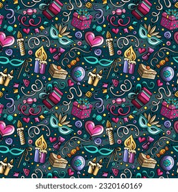 Happy Birthday doodles seamless pattern. Holiday background. Cartoon cheerful fabric print design. Colorful vector festive illustration