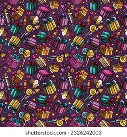 Happy Birthday doodles seamless pattern. Holiday background. Cartoon cheerful fabric print design. Colorful vector festive illustration