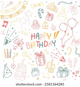 Happy Birthday doodles set. Hand-drawn doodle-style birthday illustration with balloons, cakes, gifts, and festive elements in a pastel color palette.