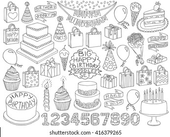 Happy Birthday doodles set. Birthday pencil effect sketches. Birthday cake. Present boxes and flowers. Birthday symbols collection. Happy Birthday concept. Birthday party. Baby shower. Anniversary.