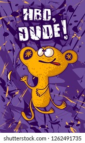 Happy Birthday DUDE! Birthday card with yellow monkey on a purple messy background.