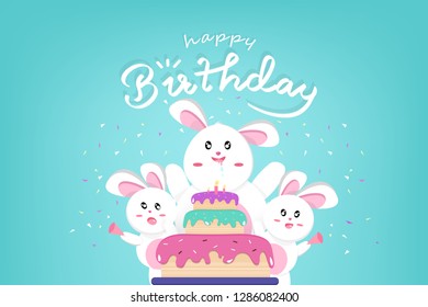 Happy Birthday and Happy Easter, cute rabbit with big cake, confetti celebrate party, Kawaii style, animals cartoon characters collection background vector