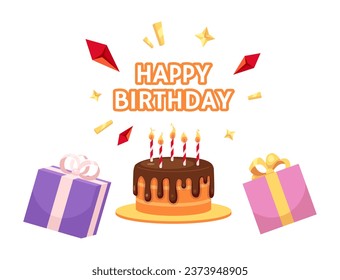 Happy birthday ecard greeting card design. Candles birthday cake colorful flat illustration white background. Surprise party. Gifts presents 2D cartoon vector image, event special occasion postcard