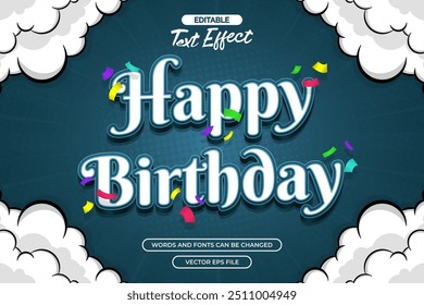 Efecto de texto editable de feliz cumpleaños con confeti y decoración de nubes