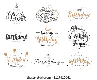 Happy Birthday Elegant Brush Script Inscription Collection With Birthday Candle, Cake, Balloon. Lettering Design For Greeting Card, Vector Illustration.